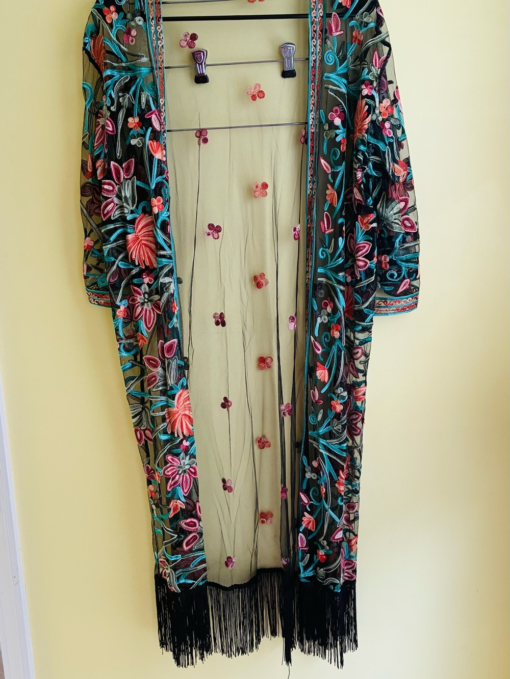 Rebellion Black Sheer Kimono Robe with Multicolor Floral Embroidery